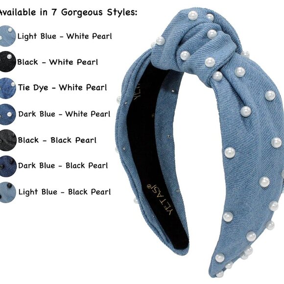 Denim Blue Pearl Knotted Headbands for Women Go with Everything.Comfy Soft Fabri - Picture 2 of 7